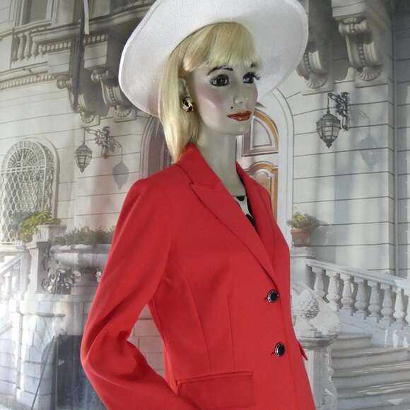 St. John 2-Pc Set Suit Sz 8 Coral Jacket Silver & Black Enamel Buttons Black Skt - Picture 10 of 10